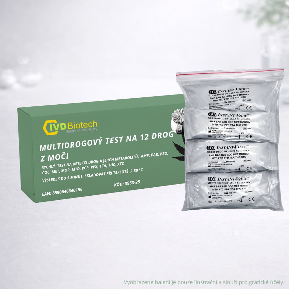 25x Multidrogový test na 12 drog z moči (AMP, BAR, BZD, COC, MET, MOR, MTD, PCP, PPX, TCA, THC, XTC)