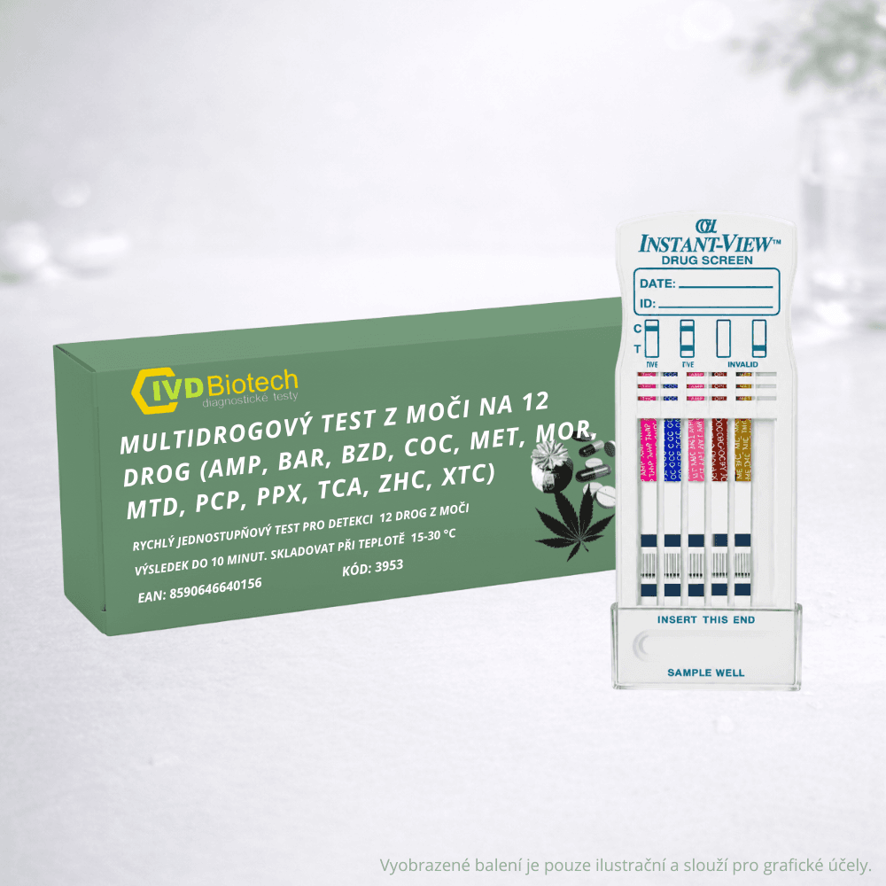 Multidrogový test z moči na 12 drog (AMP, BAR, BZD, COC, MET, MOR, MTD, PCP, PPX, TCA, THC, XTC) - 1ks