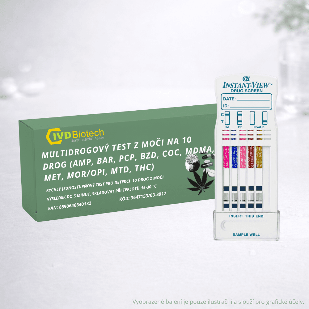 AKCE! Multidrogový test na 10 drog z moči (AMP, BAR, PCP, BZD, COC, MDMA, MET, MOR/OPI, MTD, THC) - 1 ks