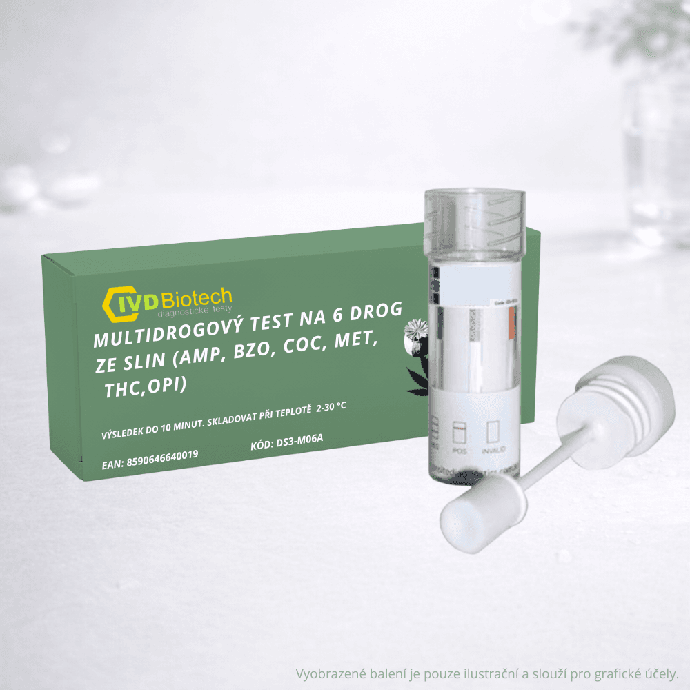 Multidrogový test na 6 drog ze slin nádobka (AMP, BZO, COC, THC, MET, OPI) - 1ks